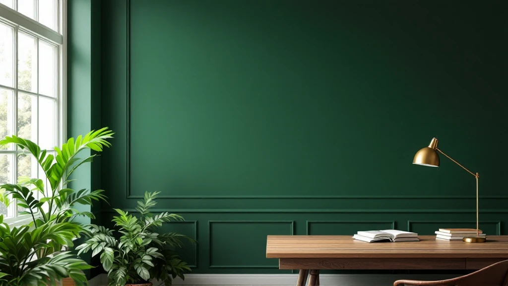 Forest green painted wall in home office