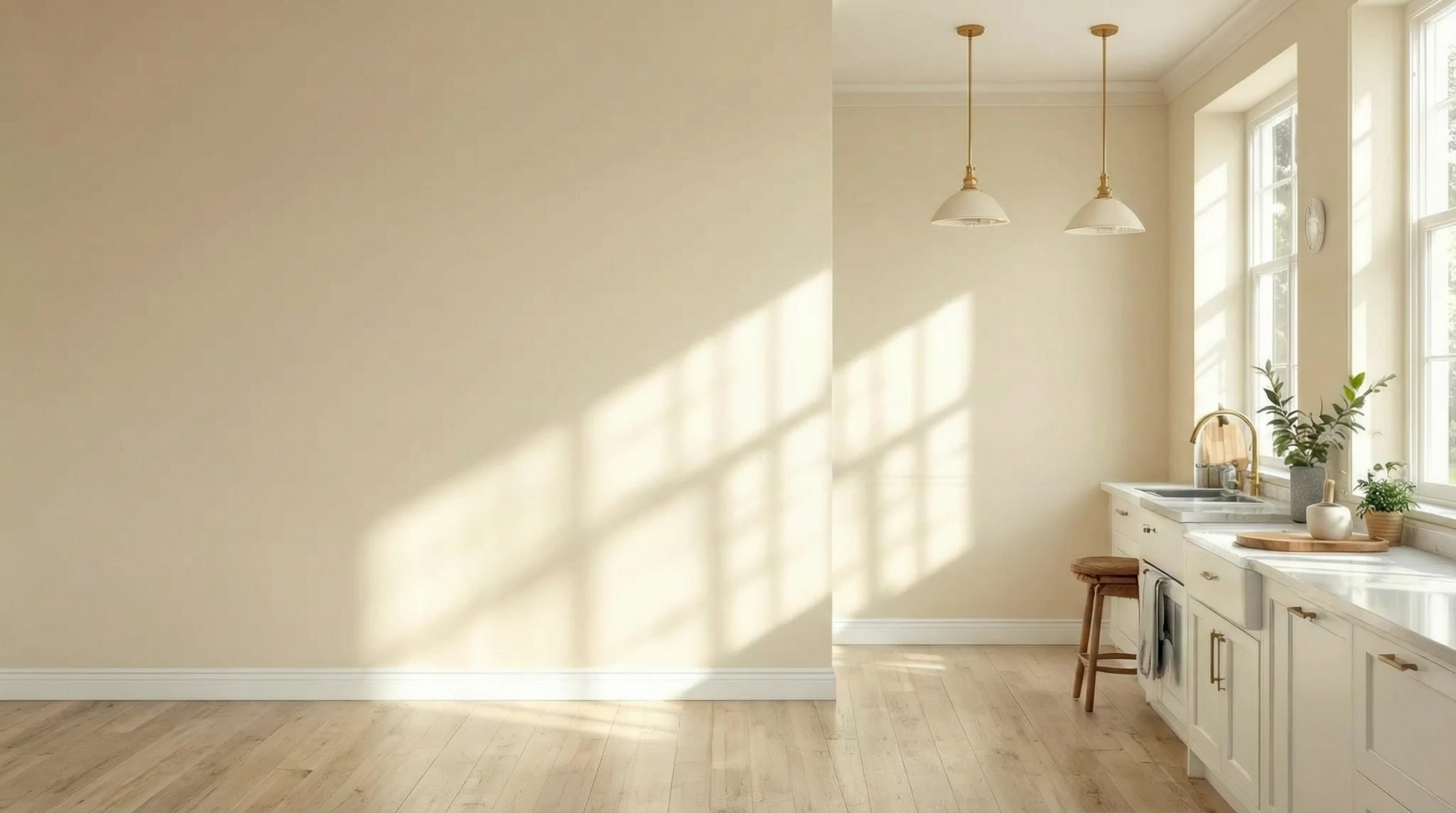 Cream painted walls in bright kitchen
